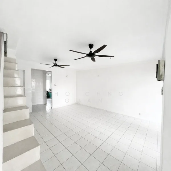 Living features: white painted walls, ceramic tile flooring, 2 ceiling fans, staircase with white steps, wall-mounted TV, recessed lighting, open layout, large windows for natural light; style: modern.