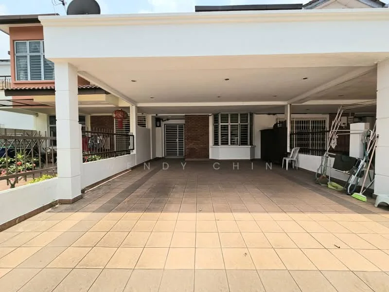 Exterior type: linked terrace house; features: paved driveway, covered car porch, white painted facade, brick accent wall, manicured garden, outdoor storage area, visible windows, open space, surrounded by fencing; style: modern.
