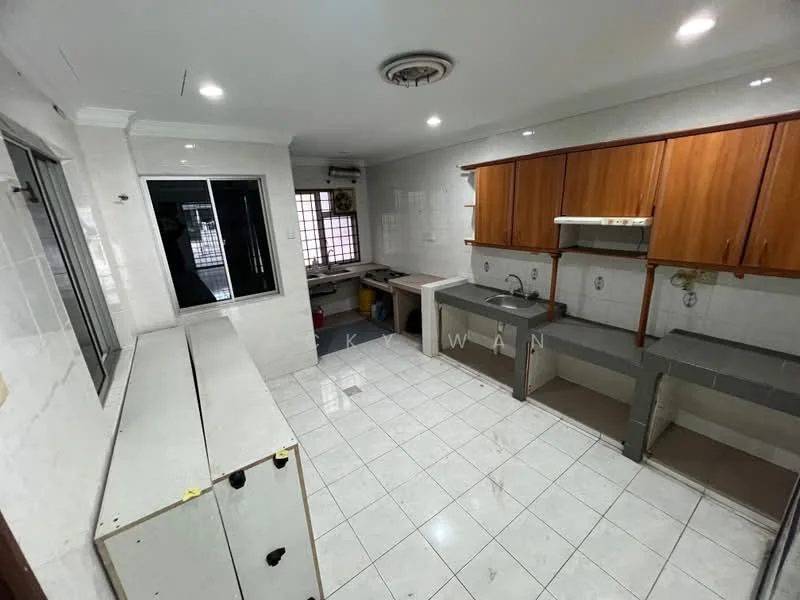 Kitchen features: white tiled walls, white tiled flooring, wood cabinetry in brown, grey countertop, double-bowl stainless-steel sink, chrome faucet, built-in kitchen island, window with black frame, wall-mounted air conditioning unit, recessed ceiling lights, ceiling fan; style: modern.