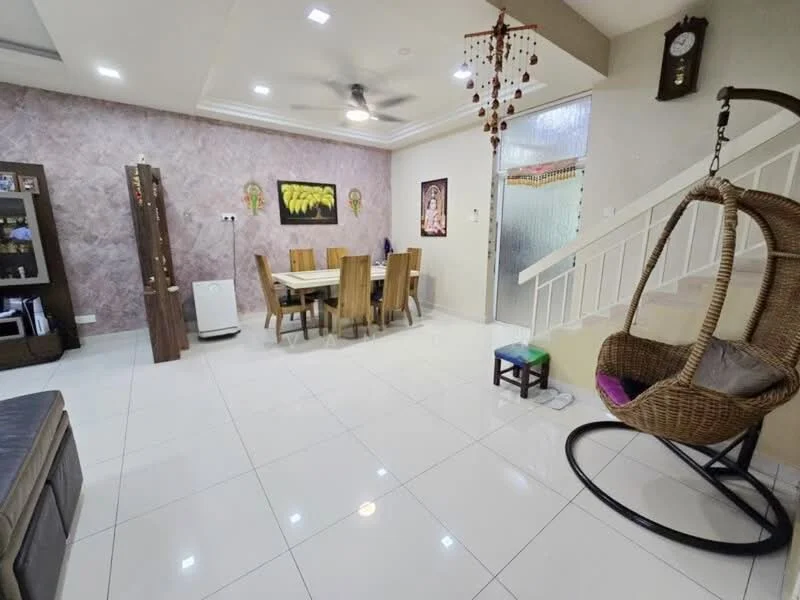 Living features: white tiled flooring, cream painted walls, recessed downlights, 5-blade ceiling fan, hanging rattan chair, dining table with six wooden chairs, decorative wall art, air conditioning unit, staircase leading to upper level, wooden cabinet, glass door, wall clock; style: modern.