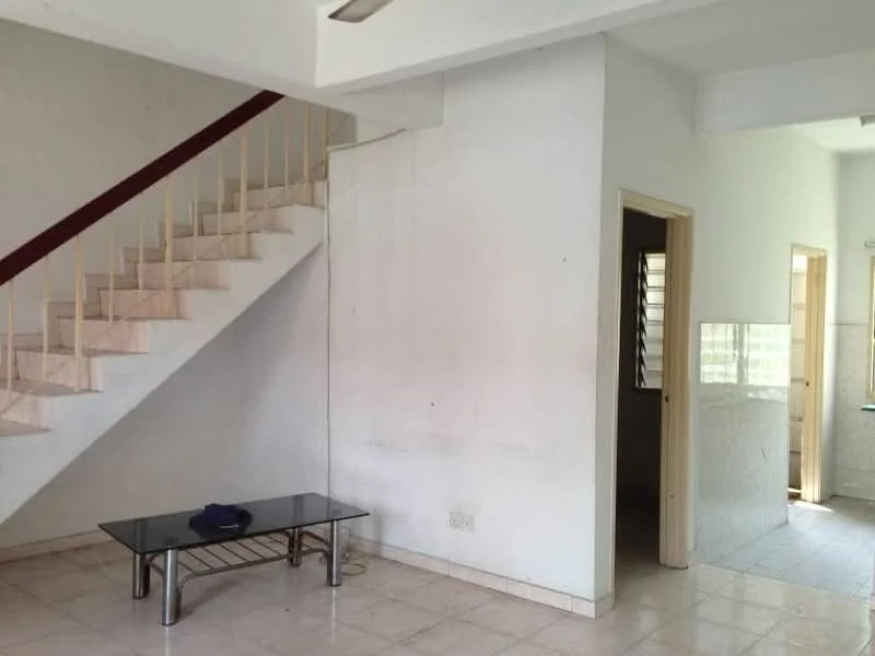 Living features: white painted walls, ceramic tile flooring, glass coffee table, staircase with wooden handrail, open layout, natural light from windows, neutral decor, no visible furniture, ceiling fan; style: minimalist. Room features: white painted walls, ceramic tile flooring, doorway leading to another room, window with horizontal slats, kitchen area visible in background.