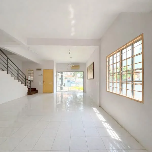 Living features: white painted walls, glossy white tile flooring, large windows with wooden frames, ceiling fan, natural light from windows, open layout, staircase with metal railing, door leading outside; style: modern; view: garden.