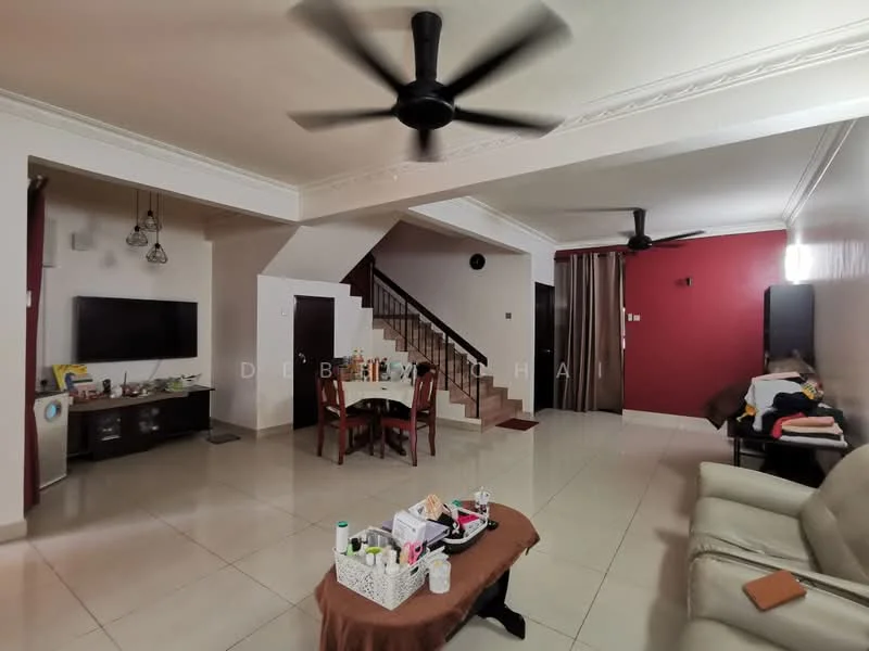 Living features: cream painted walls, grey accent wall, marble tile flooring, 5-blade ceiling fan, wall-mounted TV, TV console, sofa in beige, coffee table, area rug, decorative items on table, dining table with chairs, staircase with wooden railing; style: modern.