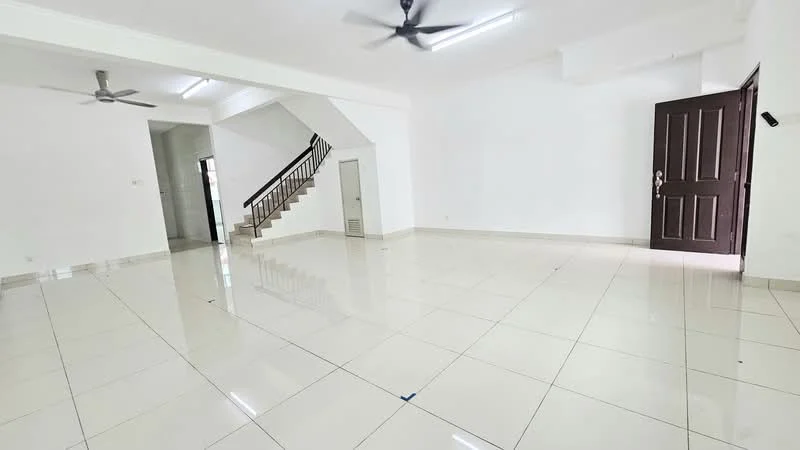 Living features: white painted walls, polished ceramic tile flooring, 2 ceiling fans, large windows, open layout, staircase visible, doorway leading to another room, neutral decor; style: modern.