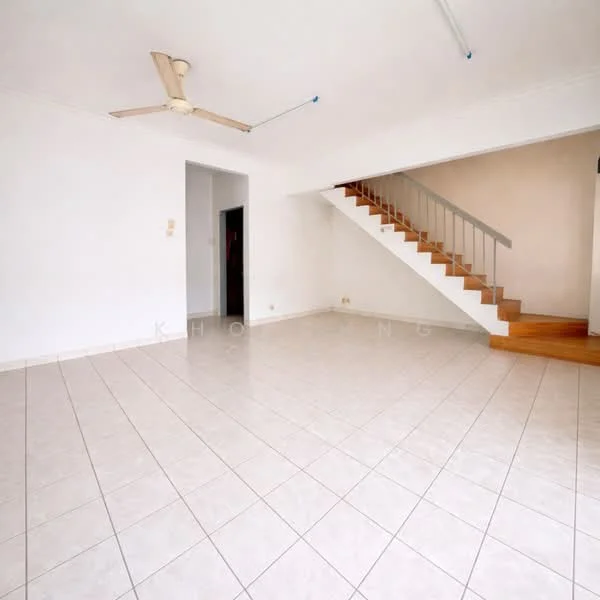 Living features: white painted walls, ceramic tile flooring, ceiling fan, staircase with wooden steps, open layout, natural light from windows, no visible furniture, neutral color scheme; style: minimalist.