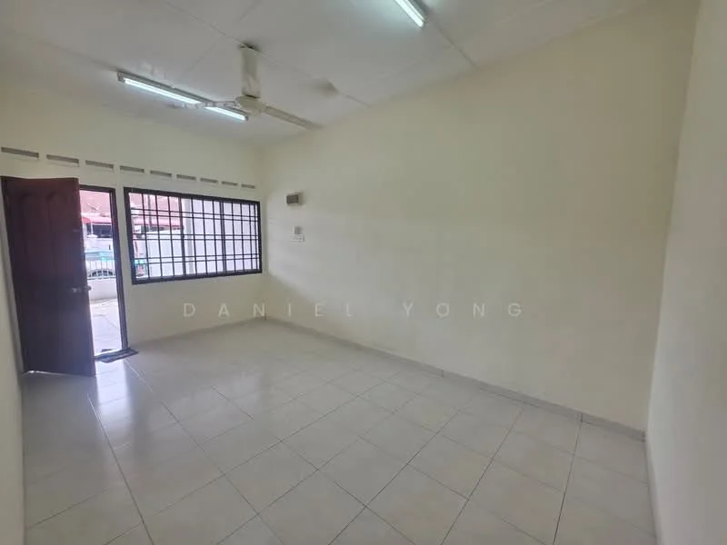 Room features: white painted walls, ceramic tile flooring, ceiling fan, window with grid design, door leading outside, natural light from window, no visible furniture, neutral color scheme; style: minimalist.
