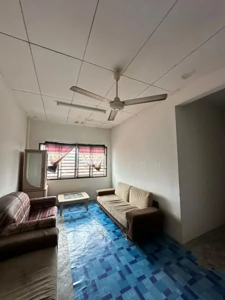 Living features: 3-seater fabric sofa in beige, 2-seater fabric sofa in brown, coffee table, ceiling fan, window with black-out curtains, blue tiled flooring, white painted walls, light fixture on ceiling.
