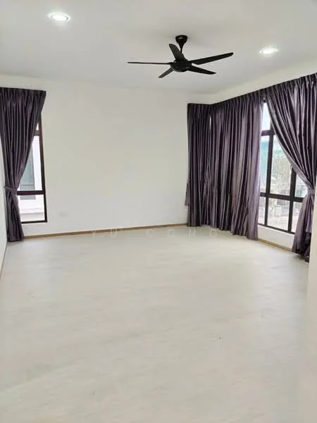 Room features: light wood flooring, white painted walls, 5-blade ceiling fan with light, floor-to-ceiling windows, purple curtains, natural light, neutral decor; style: modern; view: garden.