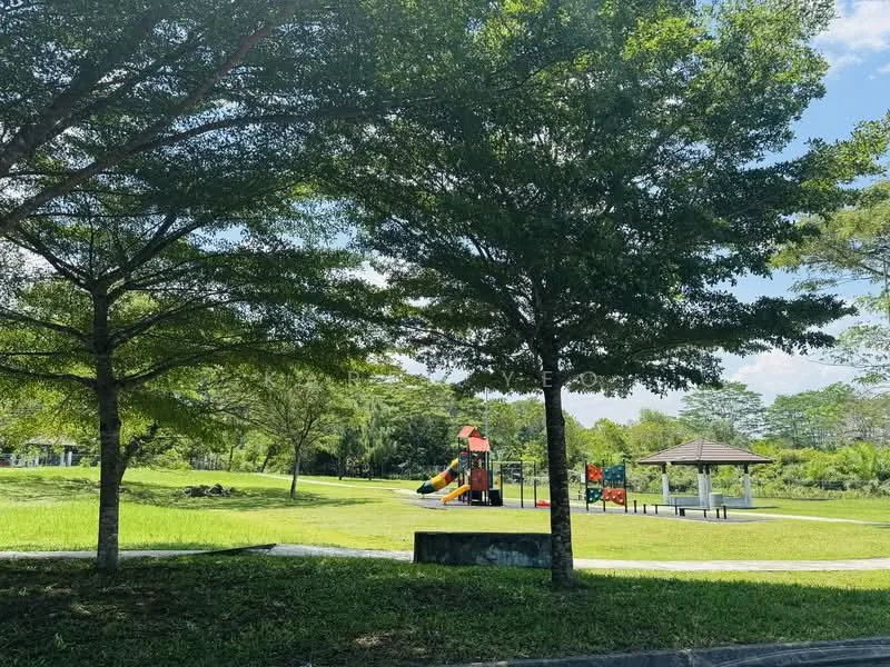 Exterior type: landscape garden; features: playground with slides and climbing structures, manicured lawn, mature trees, pavilion with a roof, walking path, open green space; style: tropical-modern.