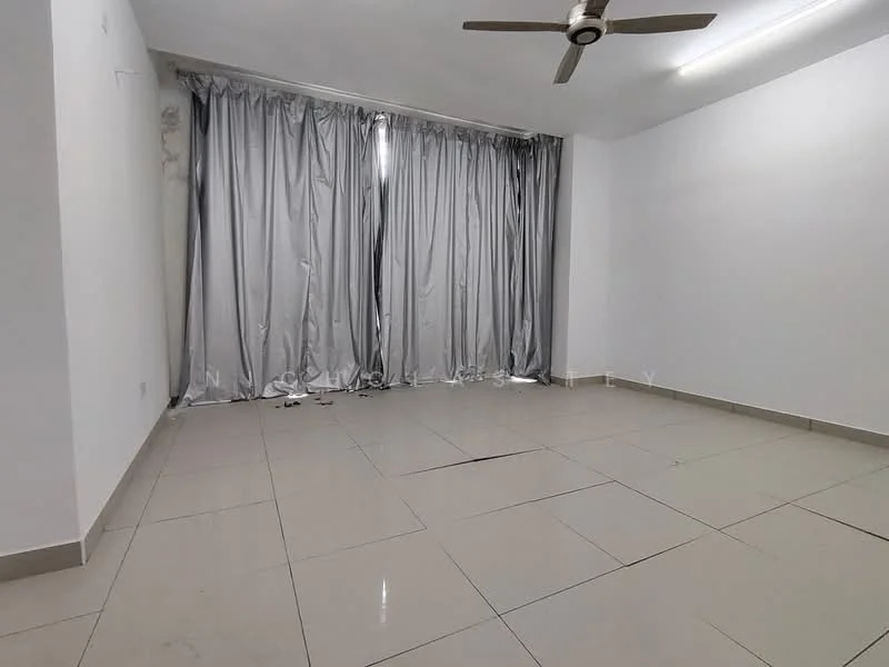 Room features: grey curtains, white painted walls, tile flooring, ceiling fan, recessed lighting, large windows, empty space; style: minimalist.