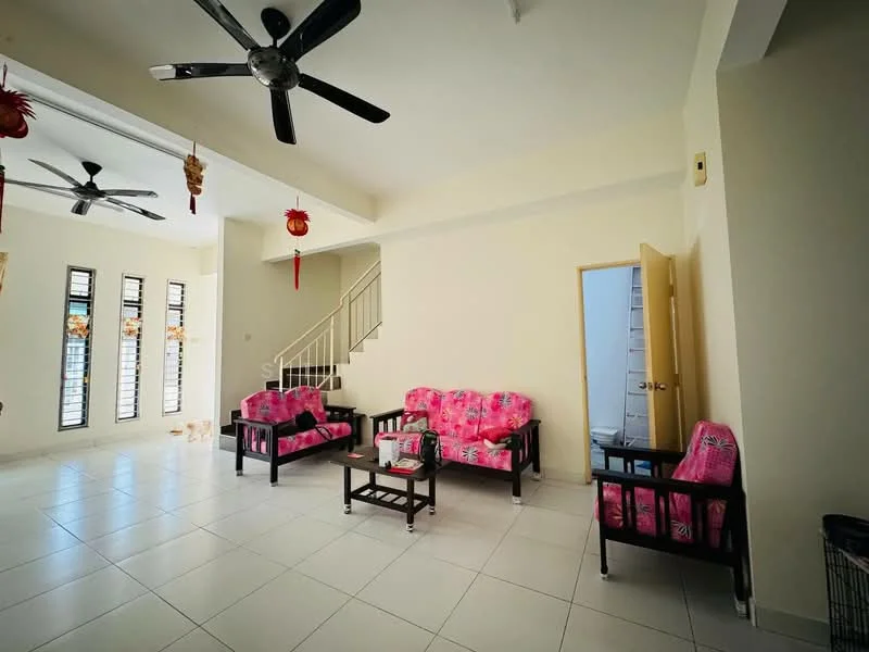 Living features: white painted walls, ceramic tile flooring, 5-blade ceiling fan, 2-seater fabric sofa with floral pattern, 2 armchairs with floral pattern, wooden coffee table, decorative wall hangings, window with vertical blinds, staircase in background, doorway leading to another room; style: modern.