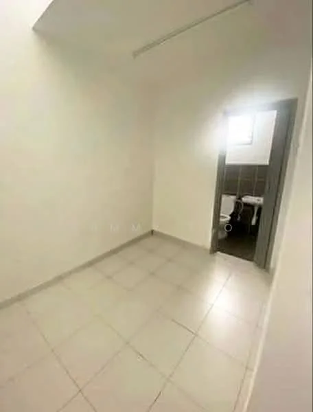 Room features: white painted walls, tile flooring, single window, doorway leading to bathroom, neutral color scheme, no visible furniture, minimal decor, bright lighting; style: minimalist.