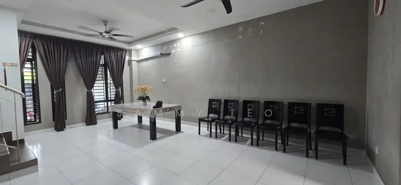 Living features: white tiled flooring, grey accent wall, recessed downlights, 5-blade ceiling fan, large windows with sheer curtains, dining table with floral centerpiece, 8 black dining chairs, decorative wall panel, wall-mounted TV bracket, open layout, neutral color scheme; style: modern.