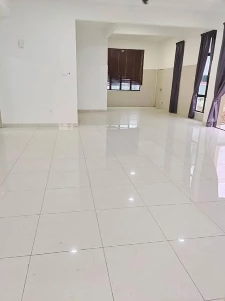 Room features: white painted walls, glossy ceramic tile flooring, large windows with brown curtains, ceiling fan, neutral color scheme, spacious layout, natural light, no visible furniture; style: modern.