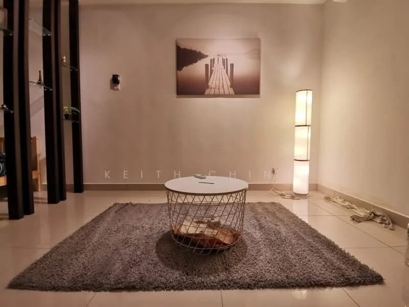 Living features: grey area rug, white round coffee table, floor lamp with soft light, framed artwork on wall, cream painted walls, polished tile flooring, decorative wall shelves, dark wooden vertical supports; style: modern.