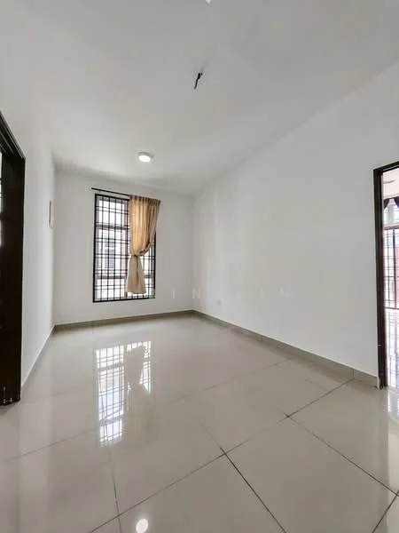 Room features: white painted walls, glossy ceramic tile flooring, single ceiling light fixture, window with metal grille, sheer curtains, neutral color scheme, no visible furniture, corner entry door; style: modern.