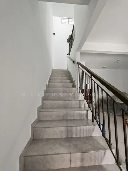 Room features: grey tiled flooring, white painted walls, metal railing, staircase with steps, natural light from upper level; style: modern.