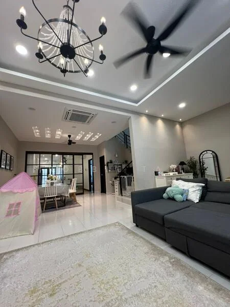 Living features: 5-blade ceiling fan with light, chandelier, recessed LED downlights, grey fabric sectional sofa, area rug with geometric pattern, wall-mounted mirror, open shelving, decorative plants, white painted walls, tile flooring, large windows, glass sliding door, dining area visible in background; style: modern.