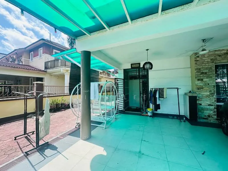 Room features: white walls, grey stone cladding, sliding glass door, ceiling fan, outdoor swing, tile flooring, laundry area with clothesline, covered patio, metal railing, outdoor lighting; style: modern; view: garden.