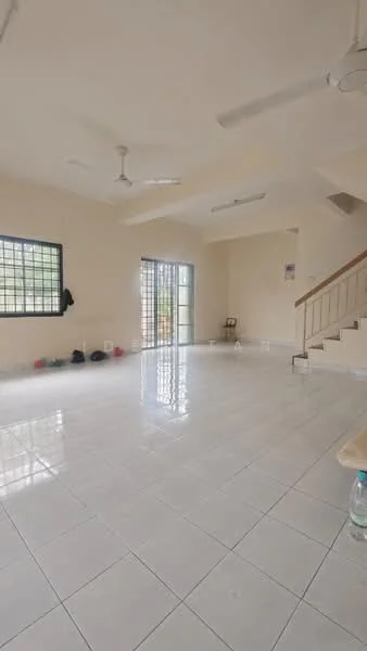 Living features: white painted walls, glossy white tile flooring, ceiling fan, large windows with grid pattern, sliding glass door, natural light, staircase, open layout; style: modern; view: garden.