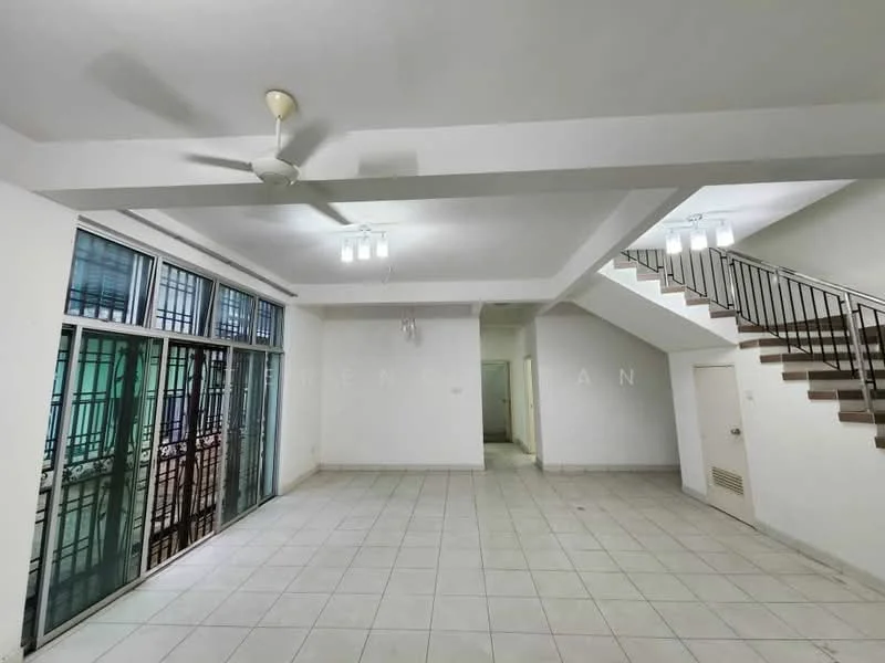 Living features: white painted walls, tile flooring, 5-blade ceiling fan with light, recessed downlights, large windows with metal grilles, staircase leading to upper floor, open layout, neutral colour scheme; style: modern.