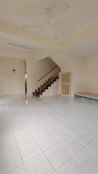 Room features: white painted walls, white tiled flooring, ceiling fan, staircase, window with no treatment, built-in storage, open space layout, natural light; style: minimalist.