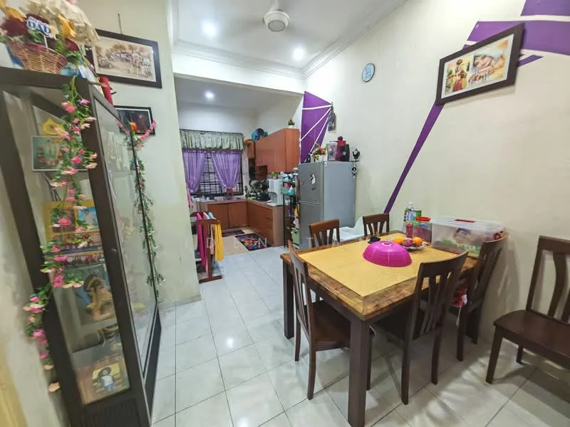Dining features: dining table with four wooden chairs, ceramic tile flooring, purple accent wall, white painted walls, ceiling fan, decorative wall art, glass display cabinet, open layout to kitchen, window with sheer curtains, refrigerator, kitchen cabinets visible in background; style: modern.