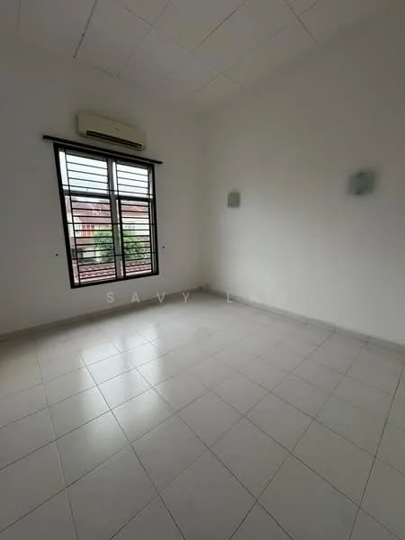 Room features: white painted walls, tile flooring, 1 wall-mounted split AC, window with horizontal slats, 2 wall-mounted light fixtures, no visible furniture, neutral color scheme, natural light from window; view: garden.