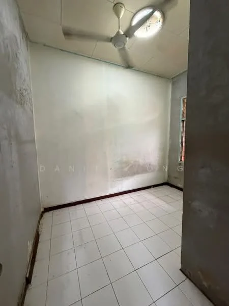 Room features: white painted walls, ceiling fan, tile flooring, window with grille, natural light from window.
