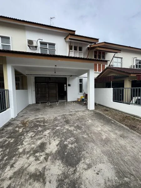 Exterior type: linked terrace house; features: car porch with awning, concrete driveway, white painted facade, two-storey structure, front garden area, metal gate, visible windows on upper floor, air conditioning unit on wall; style: modern.