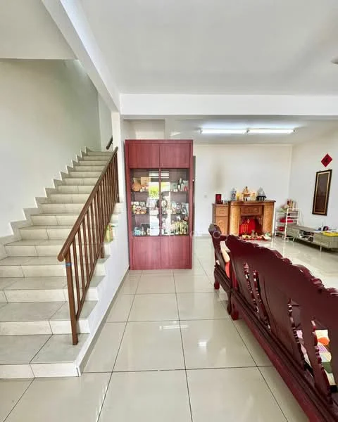 Living features: white painted walls, cream tiled flooring, wooden staircase with handrail, glass display cabinet, wooden sofa set, decorative wall art, recessed ceiling lights, open layout; style: modern.