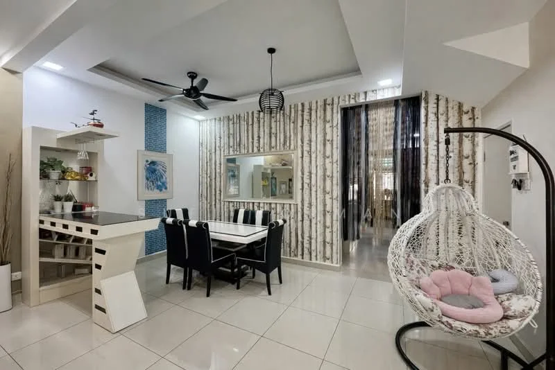 Dining features: white walls with wood paneling, grey accent wall, dining table with black and white striped chairs, hanging pendant light, 5-blade ceiling fan, decorative mirror, hanging chair, ceramic tile flooring, potted plants, wall art, open-plan layout; style: modern. Room features: white walls, ceramic tile flooring, decorative elements, natural light.