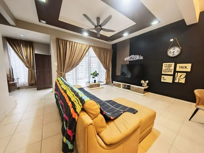 Living features: cream painted walls, dark accent wall, tray ceiling, 5-blade ceiling fan with light, floor-to-ceiling windows, sheer curtains, light-colored tiled flooring, leather sofa in beige, colorful throw blanket on sofa, TV console, wall-mounted TV, decorative wall art, area rug; style: modern.