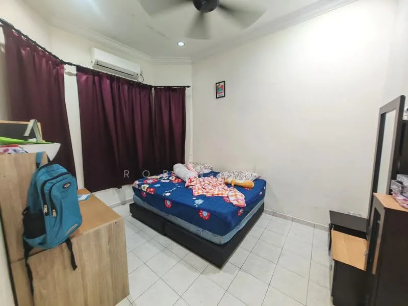 Bedroom features: queen-size bed with blue bedding, dark wood bed frame, 2 bedside tables, wall-mounted mirror, ceiling fan, air conditioning unit, dark maroon curtains, tiled flooring, decorative wall art, backpack on the floor.