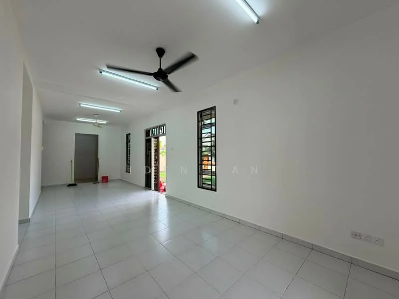 Room features: white painted walls, tile flooring, 2 ceiling fans, large windows with black frames, door leading outside, light fixtures on ceiling, open layout; style: modern; view: garden.