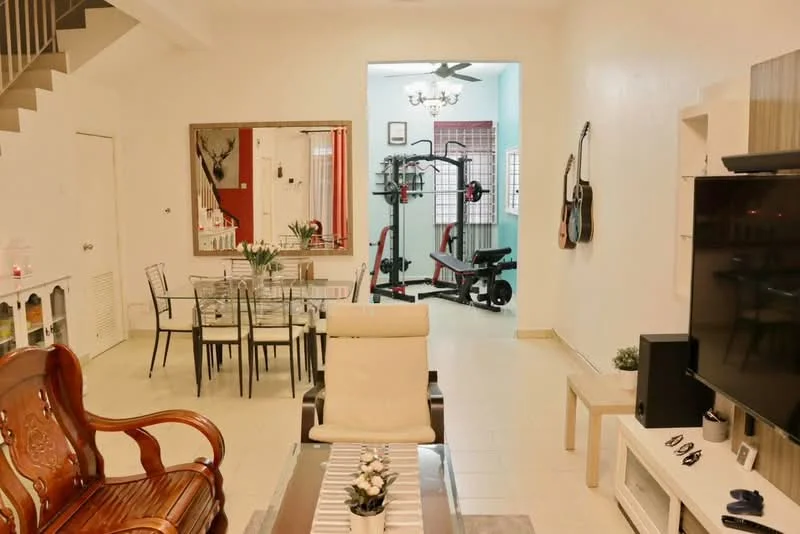Living features: cream painted walls, tile flooring, 5-blade ceiling fan with light, wall-mounted TV, entertainment unit, coffee table, 2-seater fabric sofa in beige, decorative mirror, area rug with geometric pattern; style: modern. Dining features: glass dining table for 6, upholstered dining chairs, decorative wall art; style: modern. Study features: exercise equipment, wall-mounted weights, blue painted walls.