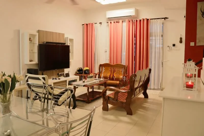 Living features: white painted walls, cream tiled flooring, 5-blade ceiling fan with light, wall-mounted TV, wooden coffee table, 2-seater wooden sofa, 3-seater fabric sofa in white, decorative wall with red accent, sheer curtains, blackout curtains, decorative vase with flowers, area rug, TV console, LED lighting, wall-mounted shelves; style: modern.