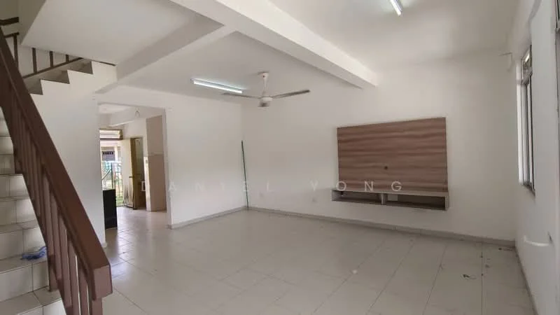 Living features: white painted walls, tile flooring, 5-blade ceiling fan with light, wall-mounted TV console, large windows, natural light, open layout, staircase leading to upper floor; style: modern.