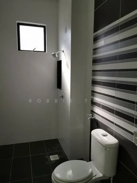 Bathroom features: black and white striped tile wall, white painted walls, black floor tiles, walk-in shower with wall-mounted shower head, toilet, small window, shower drainage, chrome faucet; style: modern.