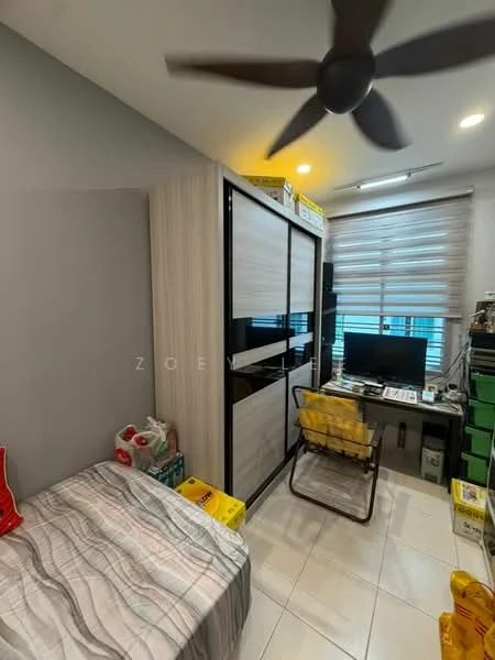 Bedroom features: single bed with patterned bedding, built-in wardrobe with sliding doors, study desk with computer monitor, yellow folding chair, ceiling fan, window with blinds, white tiled flooring, wall-mounted shelves, decorative items on shelves; style: modern.