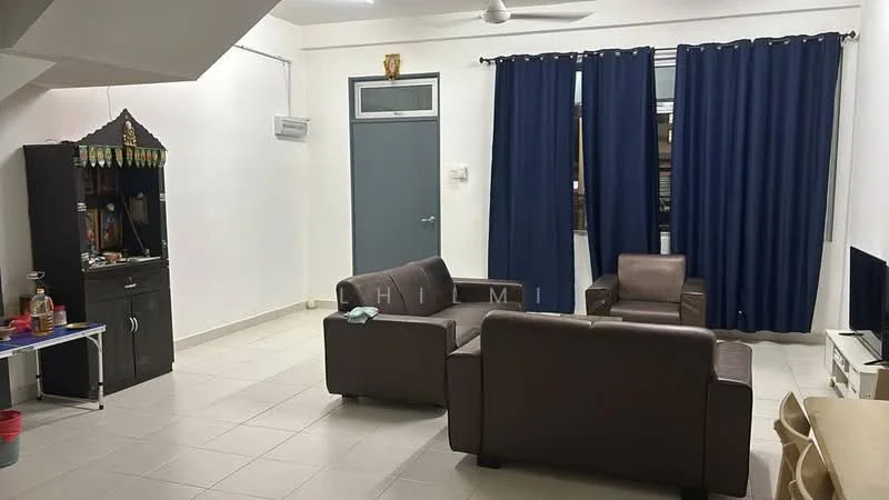 Living features: brown leather sofa, 2-seater leather sofa, single armchair, coffee table, TV console, wall-mounted TV, white painted walls, tile flooring, ceiling fan, dark blue curtains, air conditioning unit, decorative wall shelf; style: modern.