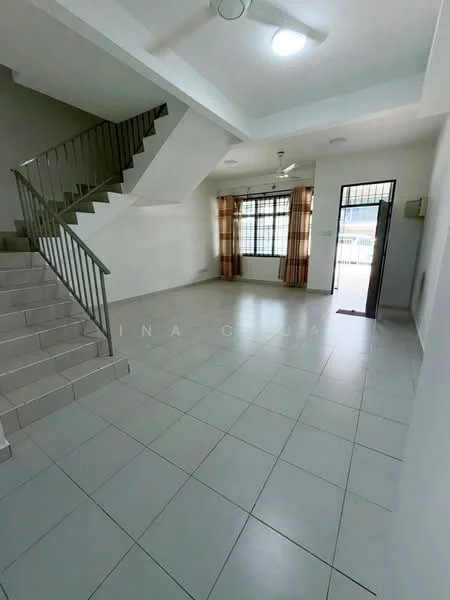 Living features: white painted walls, tile flooring, ceiling fan, large windows with sheer curtains, staircase with metal railing, natural light from windows, neutral color scheme, open layout; style: modern.