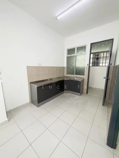 Kitchen features: grey laminate cabinetry, white countertop, single-bowl stainless-steel sink, chrome faucet, tile backsplash, cream tiled walls, white painted walls, white ceramic tile flooring, window with grid pattern, door leading to utility area; style: modern.
