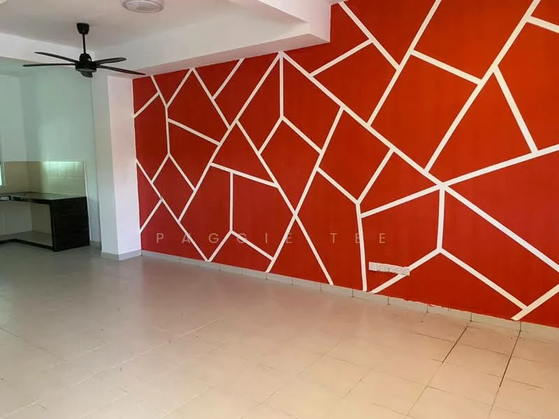 Room features: red accent wall with geometric pattern, white painted walls, ceiling fan, tile flooring, open layout, kitchenette area visible, no visible appliances, no visible furniture; style: modern.