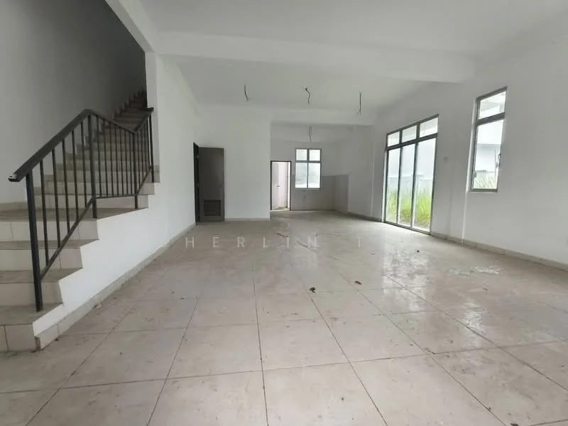 Room features: white painted walls, plain ceiling, large floor-to-ceiling windows, sliding glass door, tile flooring, staircase with metal railing, natural light from windows, open layout; style: modern; view: garden.