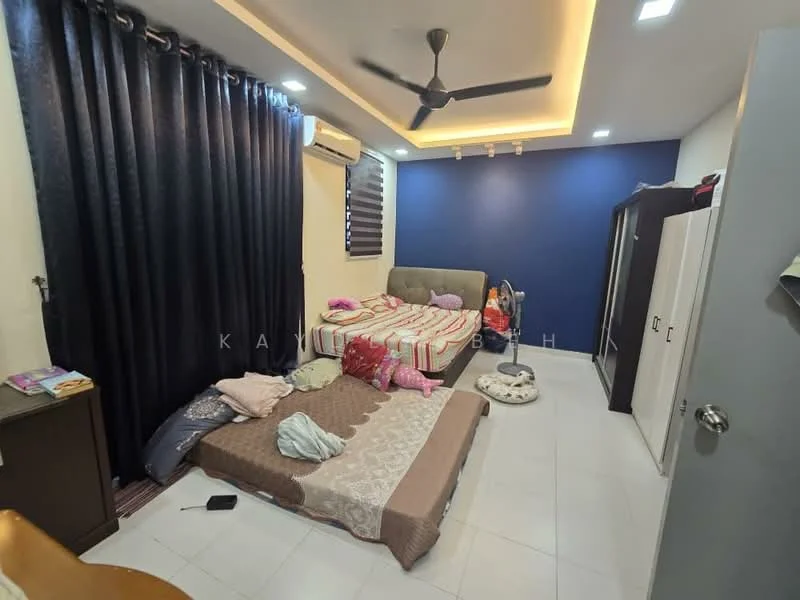 Bedroom features: queen-size bed with upholstered headboard, single bed on the floor, blackout curtains, ceiling fan, recessed LED downlights, white walls, blue accent wall, tile flooring, built-in wardrobe, decorative pillows, dog bed, area rug, air conditioning unit; style: modern.