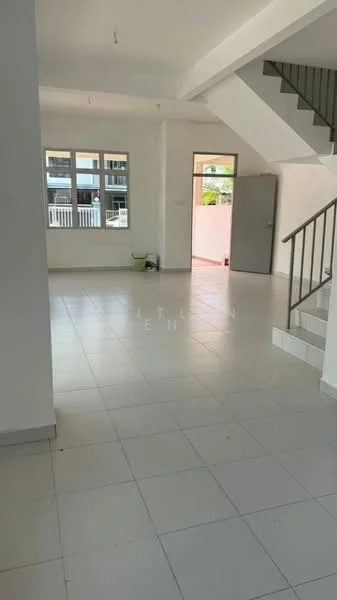 Room features: white painted walls, tile flooring, large windows, staircase, open layout, natural light, doorway leading outside, ceiling lights; style: modern.