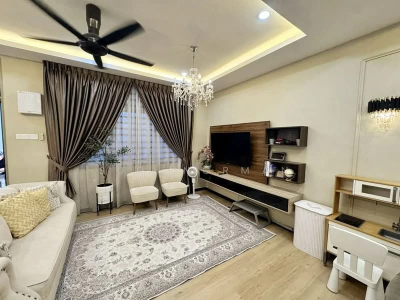 Living features: 3-seater fabric sofa in cream, 2 accent chairs in light beige, area rug with intricate pattern, wooden TV console, wall-mounted TV, chandelier with crystals, ceiling fan with light, curtains in dark brown, wall paneling behind TV, decorative plant in pot, side table, wooden flooring; style: modern.
