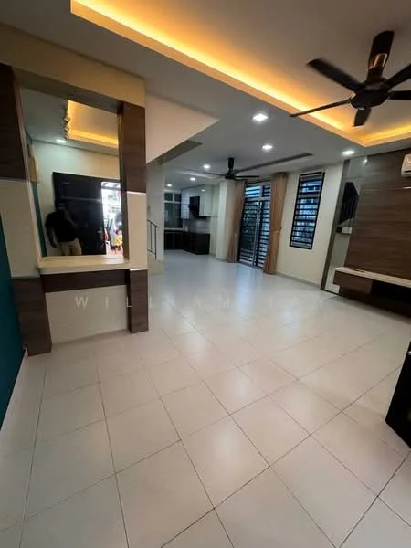 Living features: white tiled flooring, recessed ceiling lights, 5-blade ceiling fan, wall-mounted TV, mirrored wall feature, open layout, large windows, sliding glass door, wood panel accent wall; style: modern. Kitchen features: dark cabinetry, countertop with backsplash, stainless-steel sink, built-in appliances, open layout to living area; style: modern.