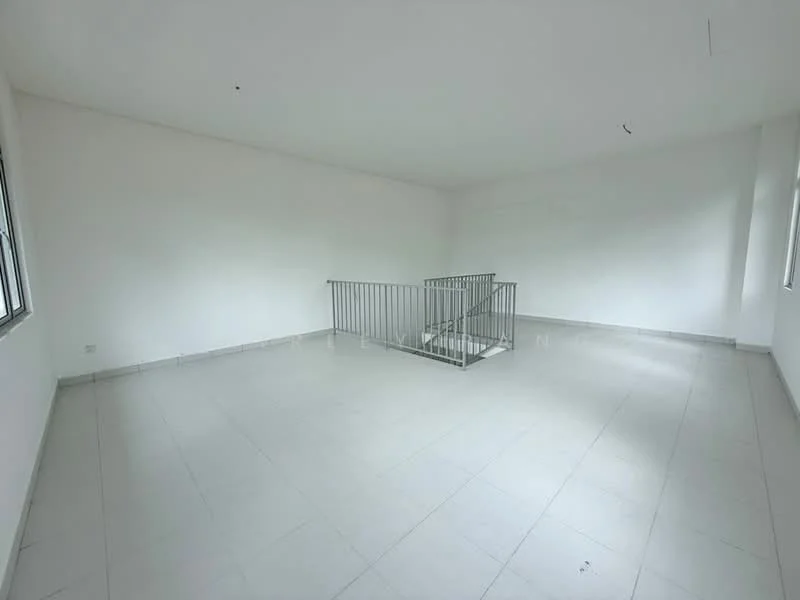 Room features: white painted walls, grey tiled flooring, metal railing, large windows, natural light, open space, minimalist design, no visible furniture; style: minimalist.